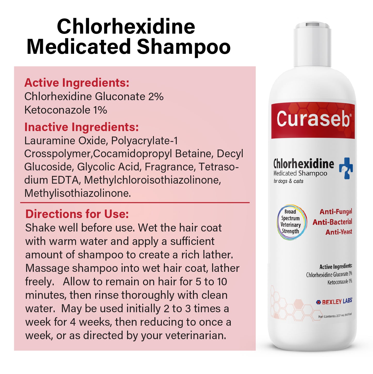 Curaseb Medicated Shampoo - Chlorhexidine & Ketoconazole for Dogs & Cats