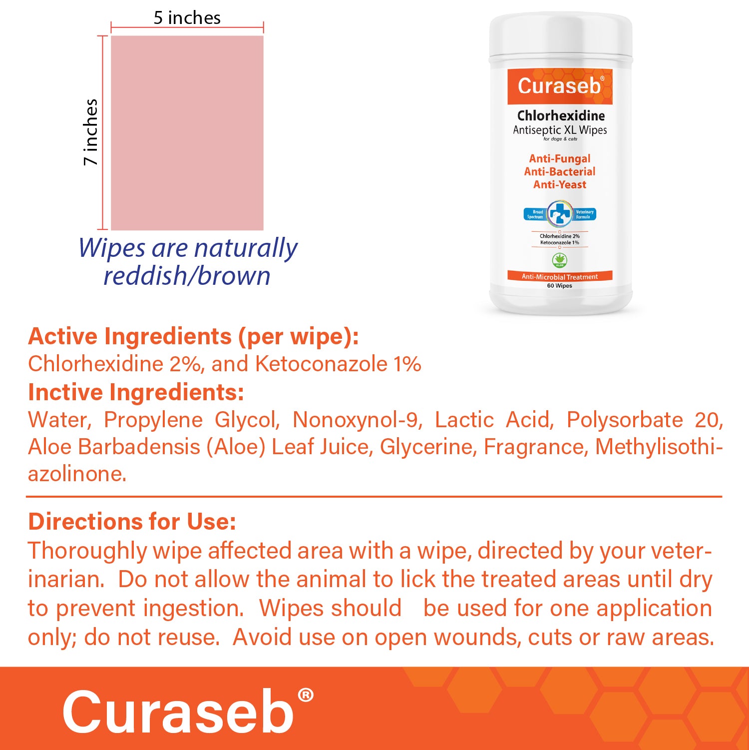 Curaseb Medicated Wipes XL Chlorhexidine Ketoconazole for Dogs and